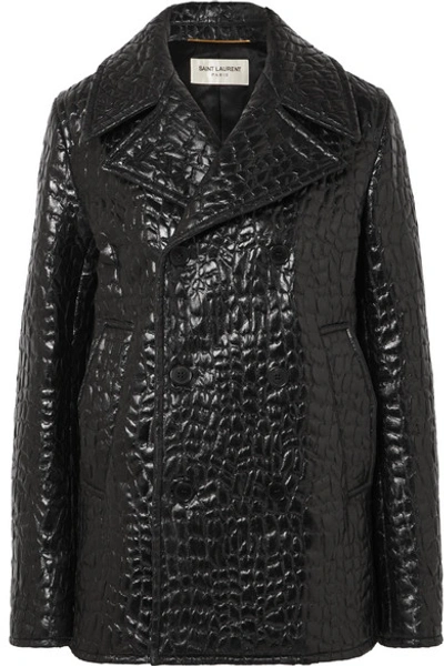 Shop Saint Laurent Double-breasted Croc-effect Faux Leather Jacket In Black