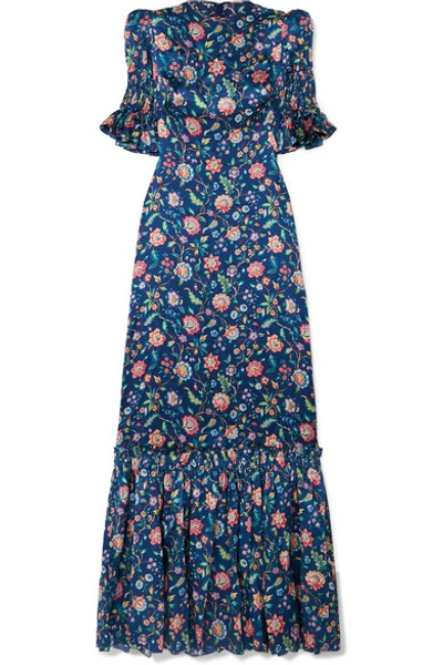 Shop The Vampire's Wife The Night Flight Tiered Shirred Floral-print Silk-satin Maxi Dress In Navy