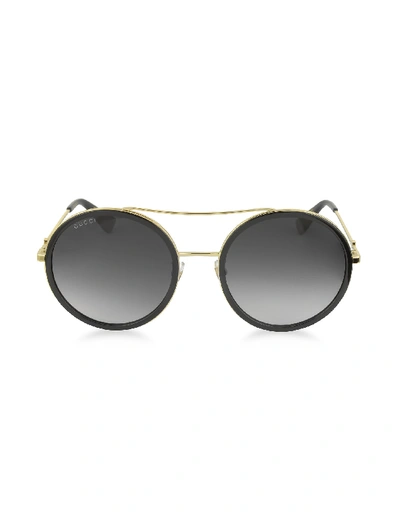 Shop Gucci Gg0061s Acetate And Gold Metal Round Aviator Womens Sunglasses In Black/smoke