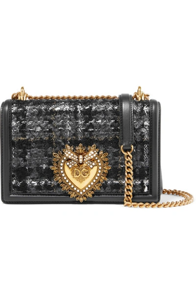 Shop Dolce & Gabbana Devotion Embellished Metallic Checked Bouclé-tweed And Leather Shoulder Bag In Black