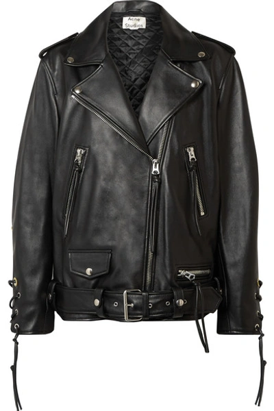 Shop Acne Studios Lastrid Oversized Lace-up Leather Biker Jacket In Black