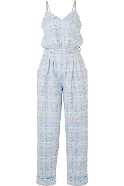 Shop Balmain Metallic Tweed Jumpsuit In Blue