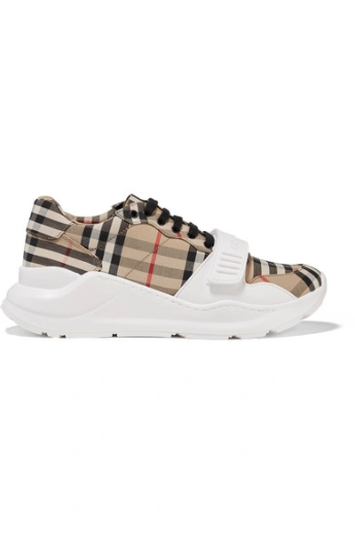 Shop Burberry Regis Checked Cotton-canvas Sneakers In Beige