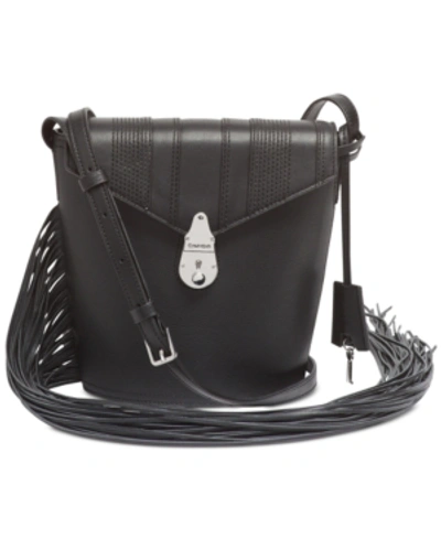 Shop Calvin Klein Fringe Lock Leather Bucket Bag In Black/silver