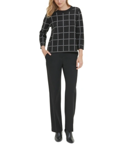 Shop Calvin Klein Printed 3/4-sleeve Sweater In Black White Windowpane