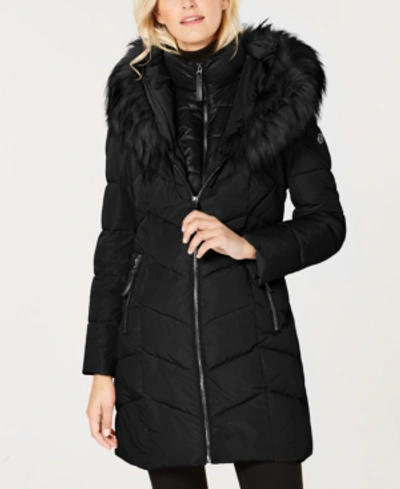 Klein Petite Faux-fur-trim Hooded Quilted Coat In Black |