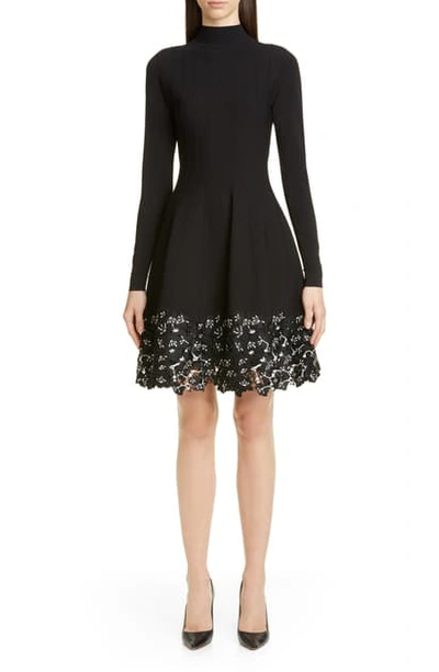 Shop Lela Rose Lace Hem Long Sleeve Fit & Flare Sweater Dress In Black