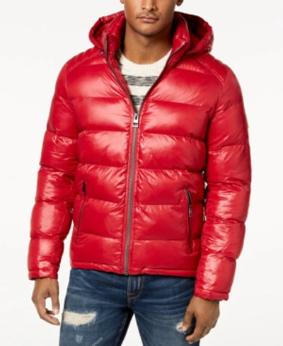 Guess Men's Hooded Puffer Coat In Crimson | ModeSens