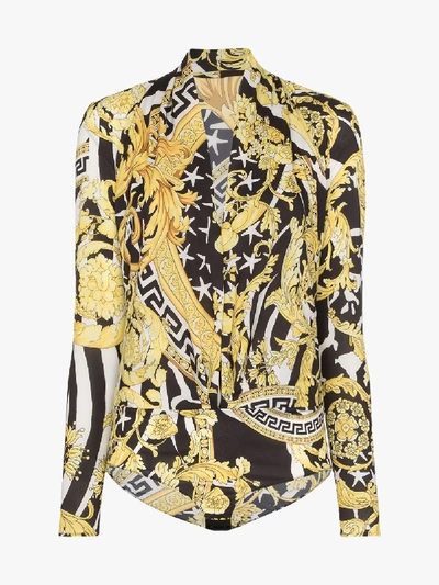 Shop Versace Plunge V-neck Baroque Print Bodysuit In Black