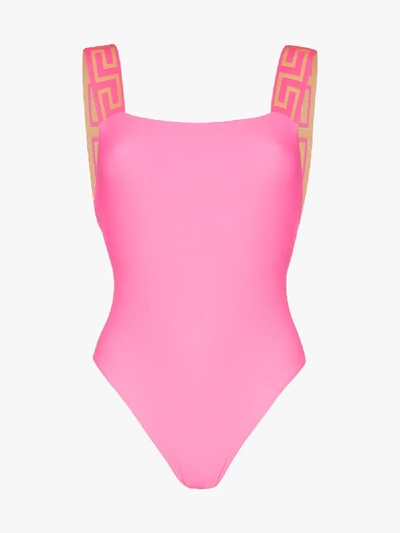 Shop Versace Greca Border Swimsuit In Pink