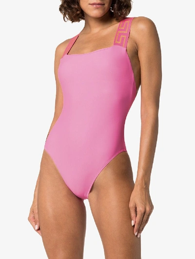 Shop Versace Greca Border Swimsuit In Pink