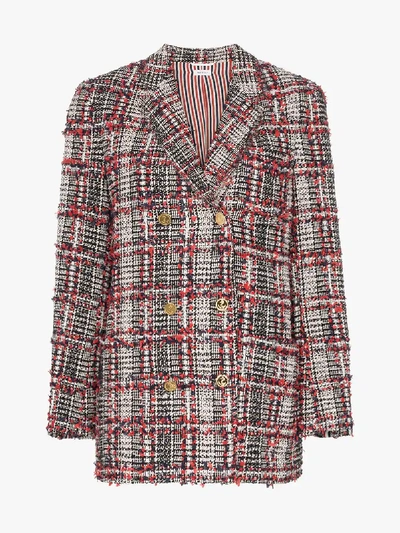 Shop Thom Browne Checked Tweed Double-breasted Blazer In Blue