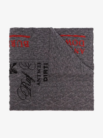 Shop Raf Simons Grey Asymmetric Slogan Cable Knit Wool Scarf