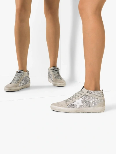 Shop Golden Goose White And Silver Mid Star Glitter Distressed Sneakers