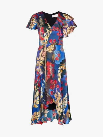 Shop Peter Pilotto Floral Print Silk Midi Dress In Blue