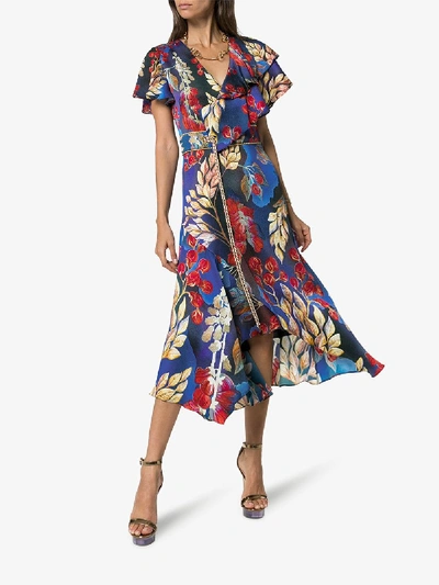 Shop Peter Pilotto Floral Print Silk Midi Dress In Blue