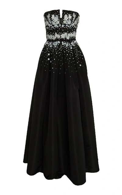 Shop Carolina Herrera Pleated Sequin-embellished Satin Gown In Black/white