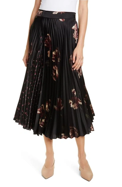 Shop Vince Mixed Tulip Print Pleated Midi Skirt In Black