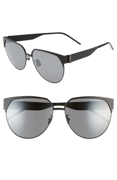 Shop Saint Laurent 61mm Cat Eye Sunglasses In Semimatte Black W/ Silver Logo