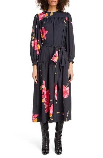 Shop Marc Jacobs Floral Print Long Sleeve Midi Dress In Pink Multi