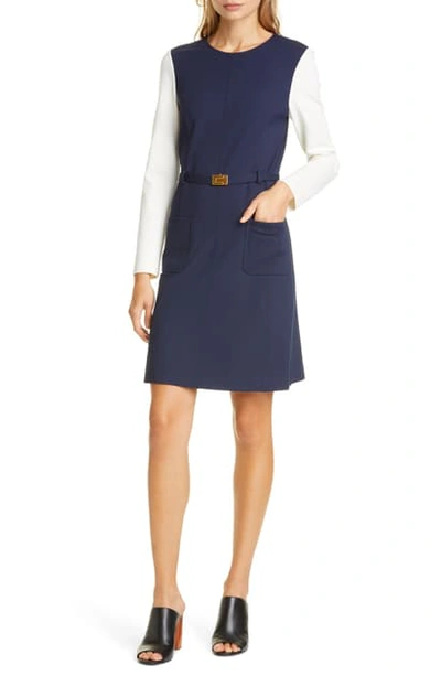 Shop Tory Burch Colorblock Long Sleeve Ponte Dress In Tory Navy