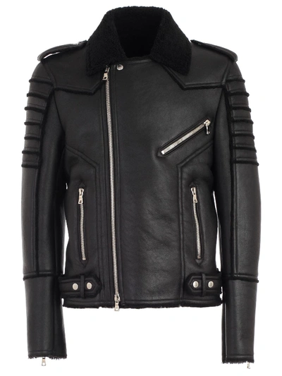 Shop Balmain Jacket Leather And Shearling In Pa Noir