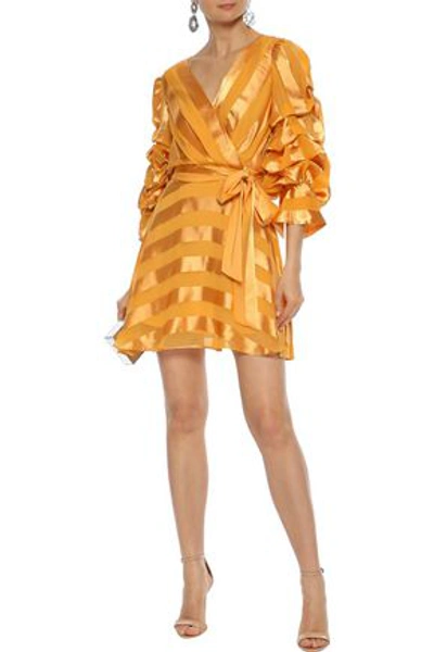 Shop Alice And Olivia Alice + Olivia Woman Santina Wrap-effect Striped Satin-jacquard Mini Dress Saffron