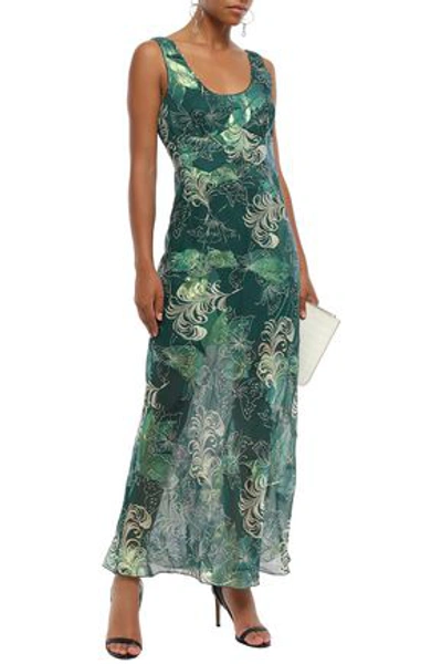 Shop Anna Sui Printed Metallic Fil Coupé Silk-blend Maxi Dress In Forest Green