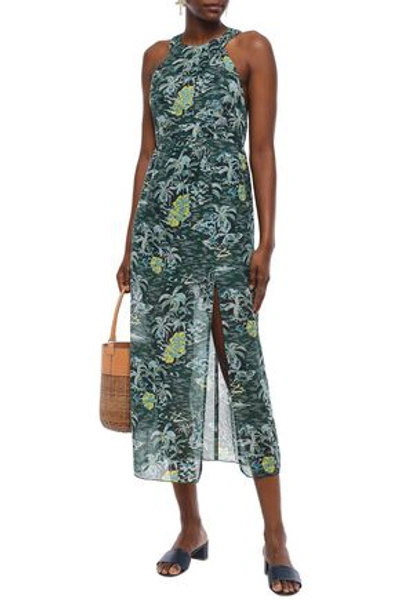 Shop Anna Sui Woman Split-front Printed Cotton And Silk-blend Midi Dress Forest Green