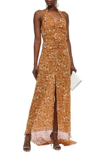 Shop Anna Sui Woman Ruched Printed Silk-georgette Halterneck Gown Camel