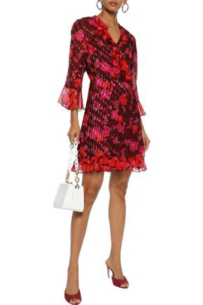 Shop Anna Sui Woman Georgette-trimmed Printed Fil Coupé Chiffon Mini Wrap Dress Burgundy