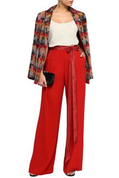 Shop Adam Lippes Woman Moire-trimmed Crepe Wide-leg Pants Red