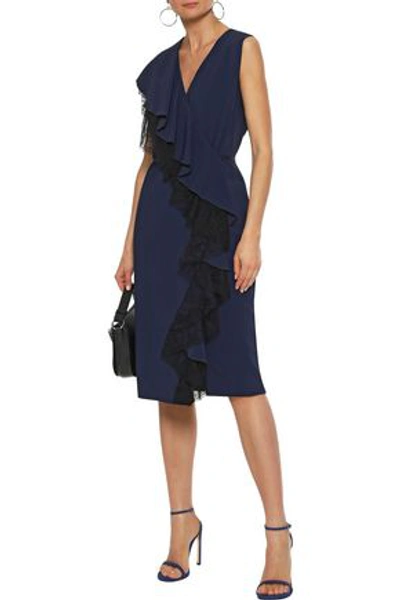 Shop Adam Lippes Woman Wrap-effect Chantilly Lace-trimmed Ruffled Cady Dress Navy