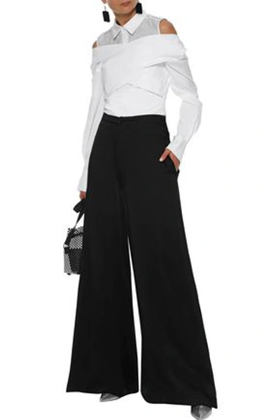 Shop Adeam Woman Lace-up Satin Wide-leg Pants Black