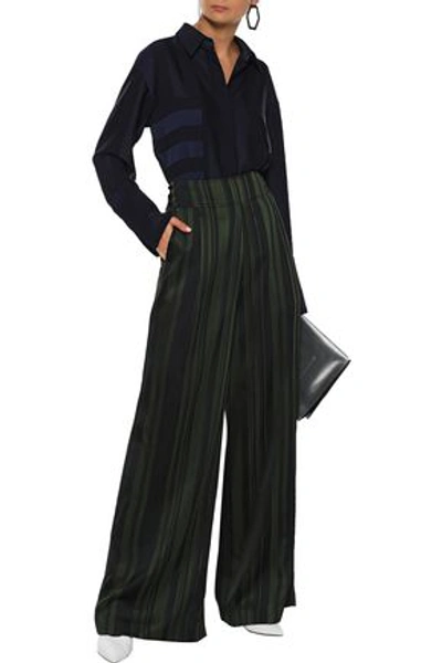 Shop Adeam Button-detailed Striped Satin Wide-leg Pants In Dark Green