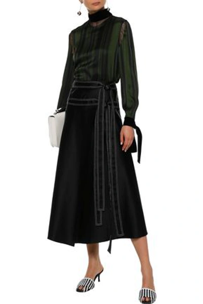 Shop Adeam Woman Velvet-trimmed Striped Satin Blouse Dark Green