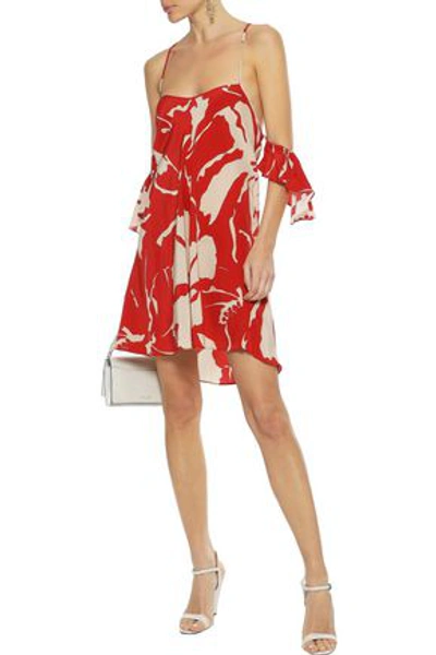 Shop Adriana Degreas Cold-shoulder Ruffled Printed Silk Mini Dress In Red