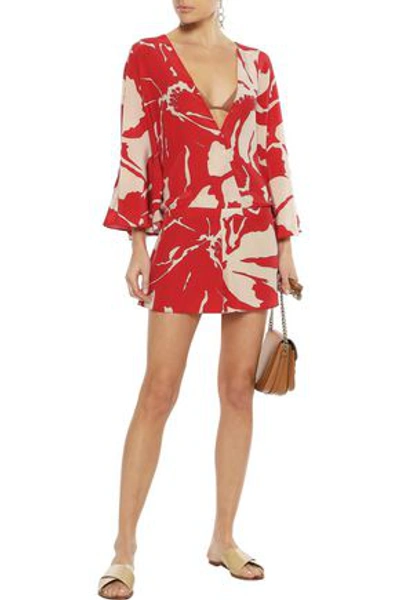 Shop Adriana Degreas Wrap-effect Printed Silk Playsuit In Red