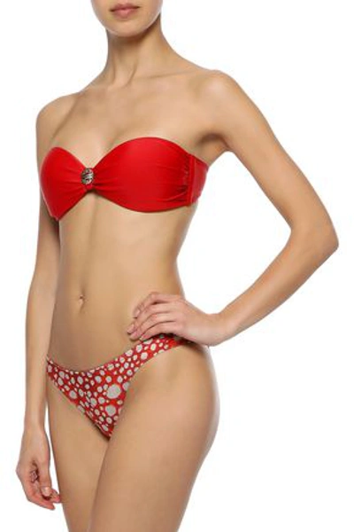 Shop Adriana Degreas Twist-front Embellished Printed Low-rise Bandeau Bikini In Red