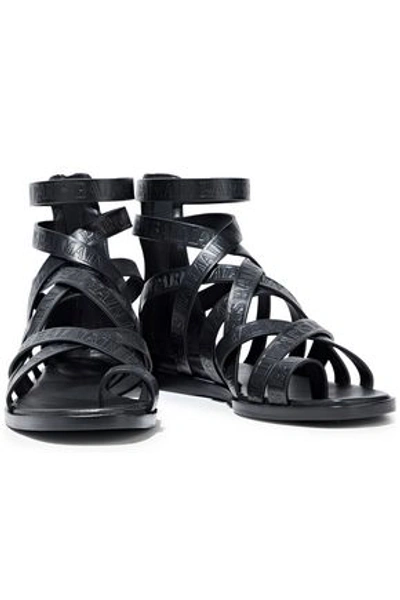 Shop Balmain Logo-embossed Leather Sandals In Black