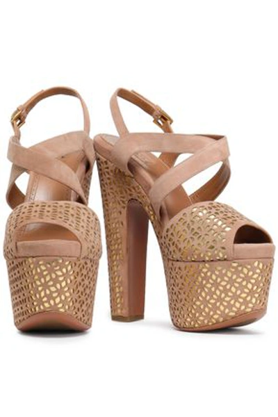 Shop Alaïa Woman Laser-cut Suede And Metallic Leather Platform Sandals Blush