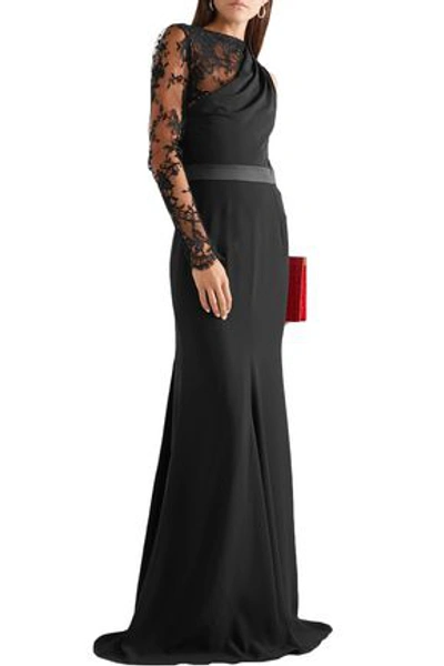 Shop Alexander Mcqueen Woman Split-front Lace-paneled Crepe Gown Black