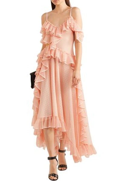 Shop Alexander Mcqueen Asymmetric Ruffled Pointelle-knit Silk Midi Dress In Blush