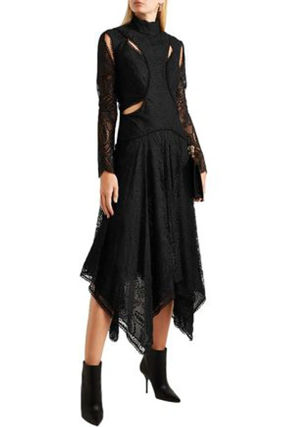 Shop Alexander Mcqueen Asymmetric Cutout Lace Midi Dress In Black