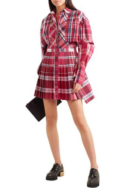 Shop Alexander Mcqueen Layered Checked Silk And Cotton-blend Mini Shirt Dress In Crimson