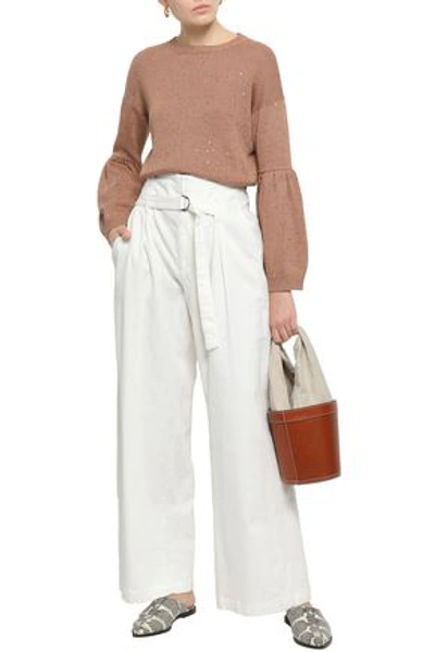 Shop Brunello Cucinelli Woman Belted High-rise Wide-leg Jeans White