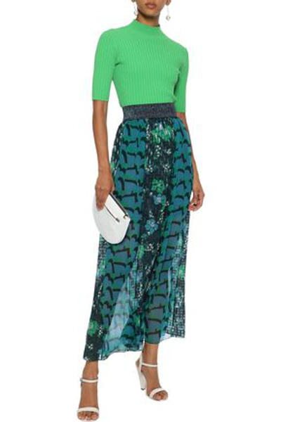 Shop Anna Sui Printed Plissé Fil Coupé And Silk-chiffon Maxi Skirt In Forest Green