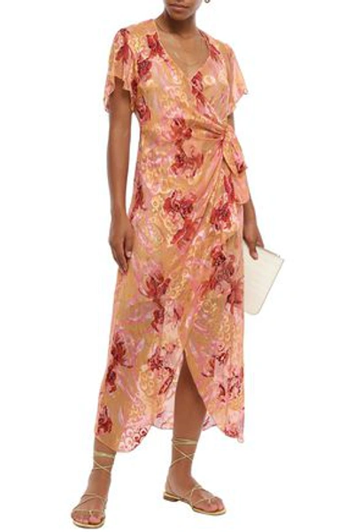 Shop Anna Sui Wrap-effect Floral-print Fil Coupé Silk-blend Midi Dress In Peach