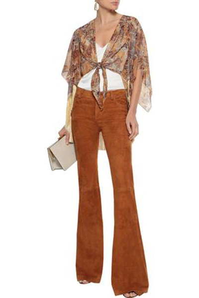 Shop Anna Sui Tie-front Fringe-trimmed Silk-blend Chiffon Top In Camel