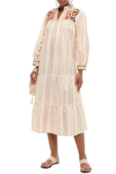 Shop Anna Sui Embellished Gathered Jacquard Midi Dress In Peach